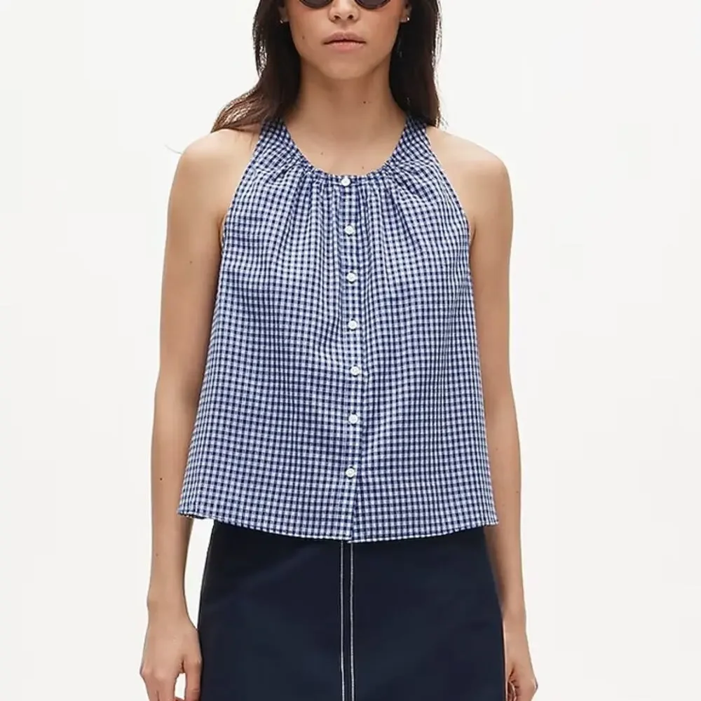 J.Crew High Neck Tank Top Gingham Cotton Voile Brillant Indigo Medium NWT